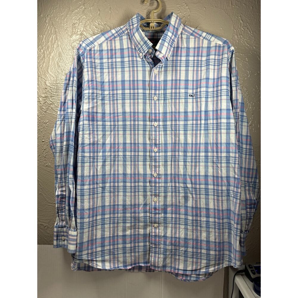 Vineyard Vines Slim Fit Whale Shirt Mens Button Down Plaid Blue Pink Size XXL